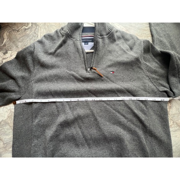 Tommy Hilfiger Mens Quarter Zip Sweater Grey Cotton Pullover Leather Pull Size M - Picture 7 of 9